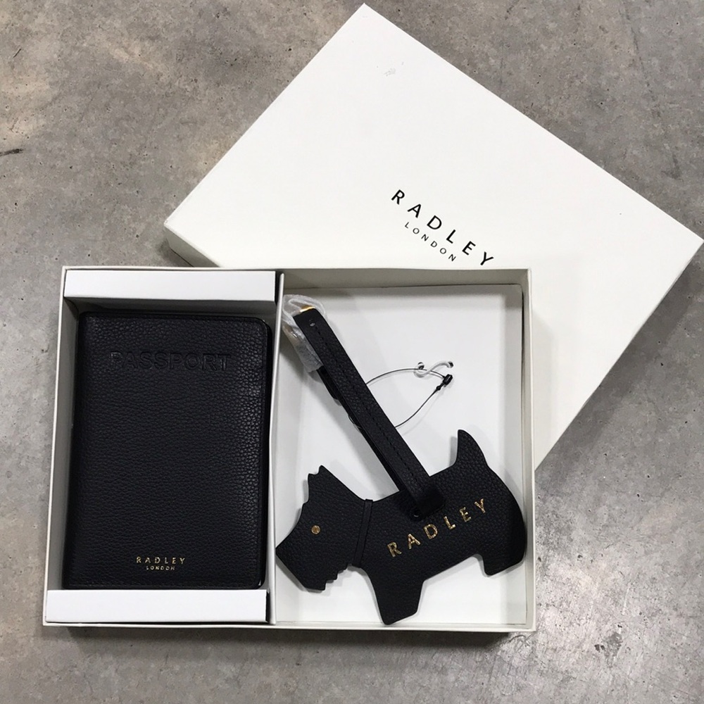 Radley London Black Leather Passport Holder & Scottie Dog Luggage Tag Set